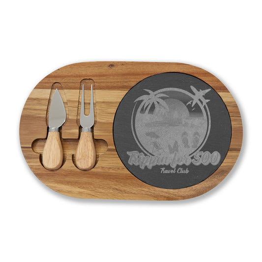 Trippin for 500 Travel Club Logo Charcuterie Board | Engraved Cheese Set